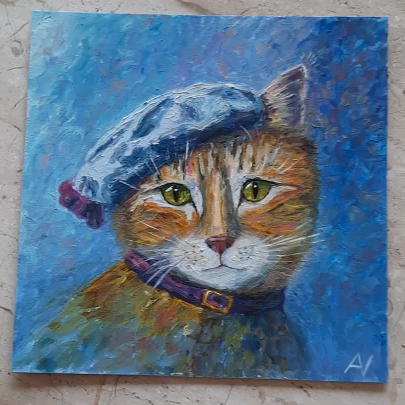 帽子をかぶった猫オリジナルの油絵、ベレー帽の壁アート、動物の肖像画の手作りの装飾 - ウォールデコ・壁紙 - サステナブル素材 多色