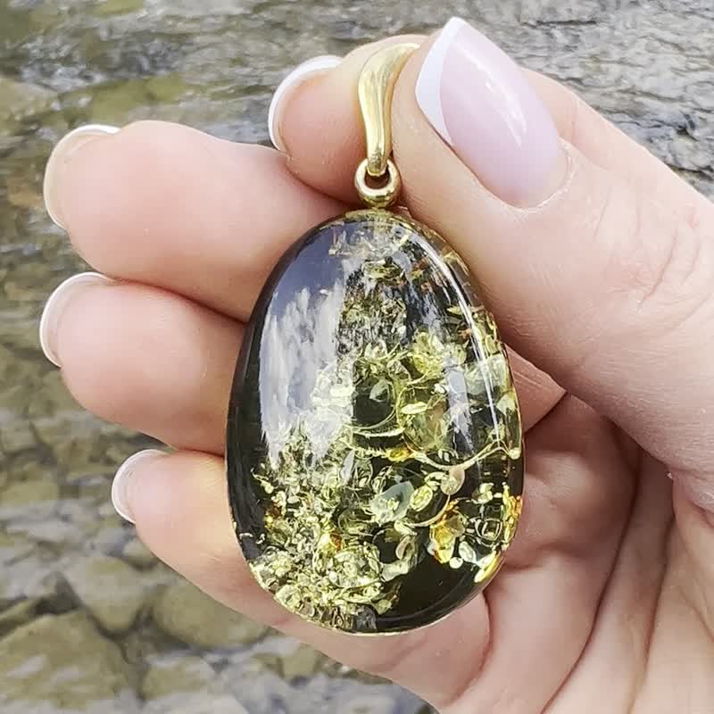 Unique Green Baltic Amber Pendant with Natural Untreated Crust - Genuine Stone - Necklaces - Semi-Precious Stones Green