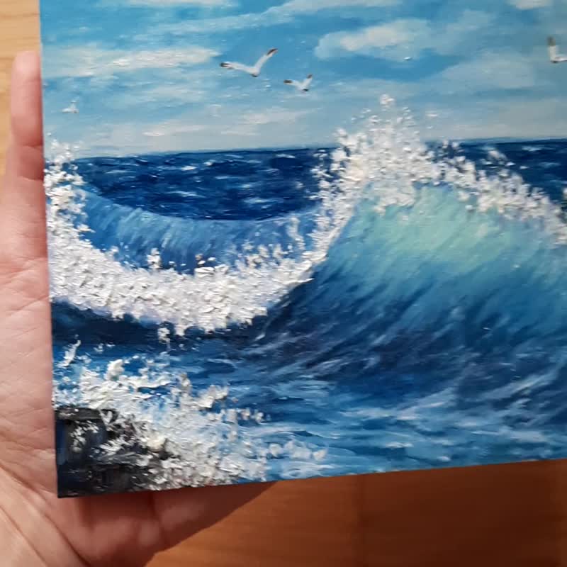 Seascape Original Oil Painting, 3D Blue Wave Ocean Art, Handmade Wood Panel Art - Wall Décor - Wood 