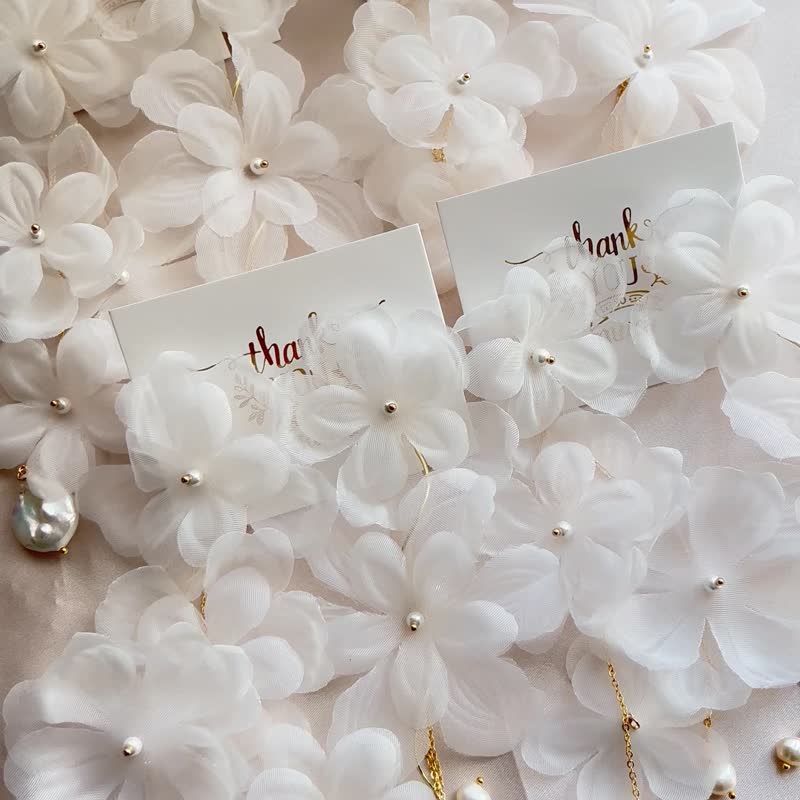 Wedding Wedding Bridal Large Earrings Chiffon Organza White Freshwater Pearl Chain - Earrings & Clip-ons - Cotton & Hemp White