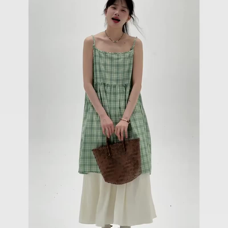 綠色格紋 甜美少女減齡吊帶洋裝 小清新格子細肩帶連身裙 - 洋裝/連身裙 - 棉．麻 綠色