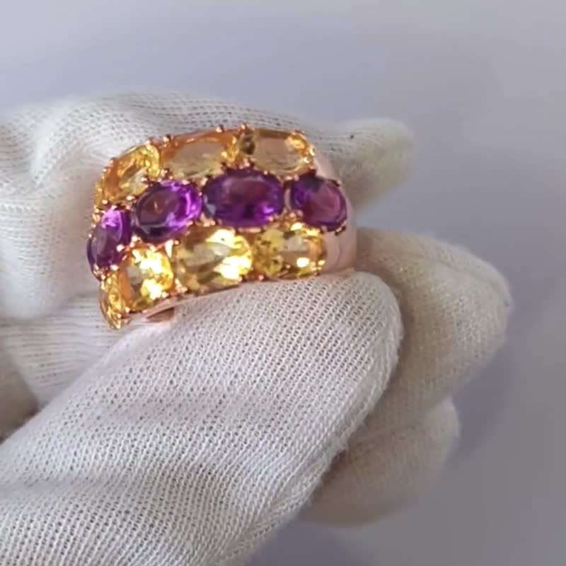 Natural Amethyst And Citrine Ring Sterling Silver 925 with Rosegold plated 8 US. - 戒指 - 純銀 紫色