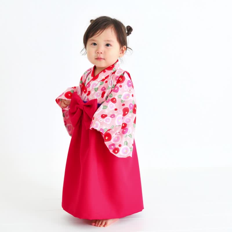 Hakama Dress - Camellia Pink - Wine Red - Kids' Dresses - Cotton & Hemp Red