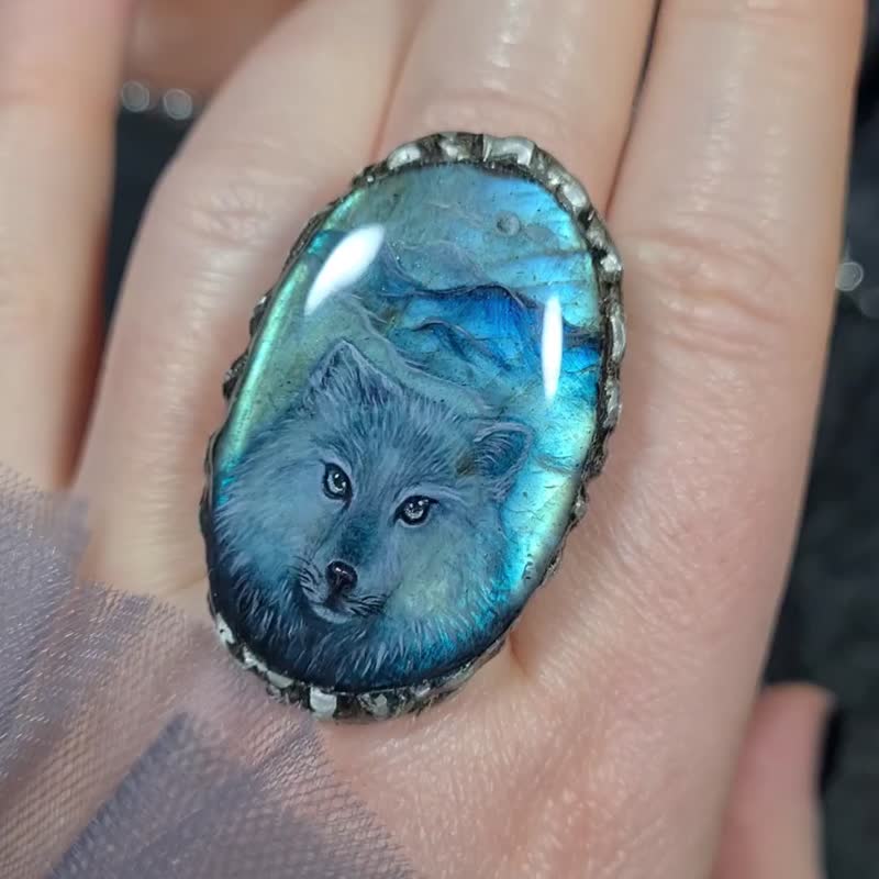 Wolf ring Viking ring Labradorite ring Oil painting miniature on stone - General Rings - Stone Blue