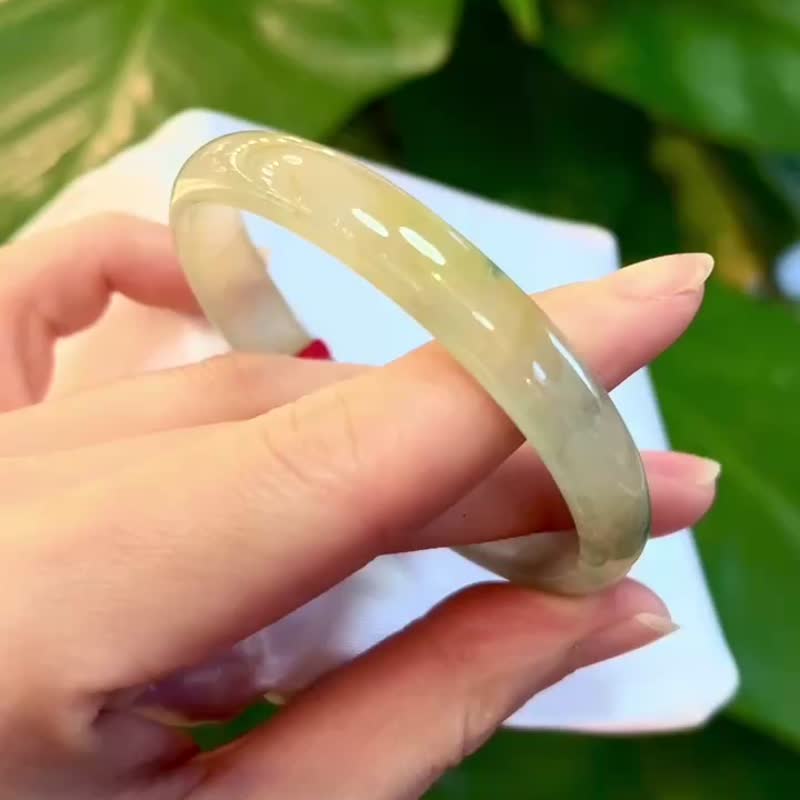 冰種 緬甸翡翠 A玉 玉鐲 • 冰玻種三彩飄花翡翠貴妃鐲 - 手鍊/手環 - 石頭 黃色