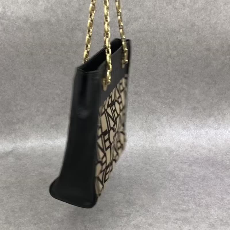 【 日本直送　名牌中古包 】CELINE セリーヌ ハンドバッグ ブラウン ロゴ 刺繍 ニット レザー チェーン vintage ヴィンテージ 88vc8f - 手提包/手提袋 - 棉．麻 咖啡色