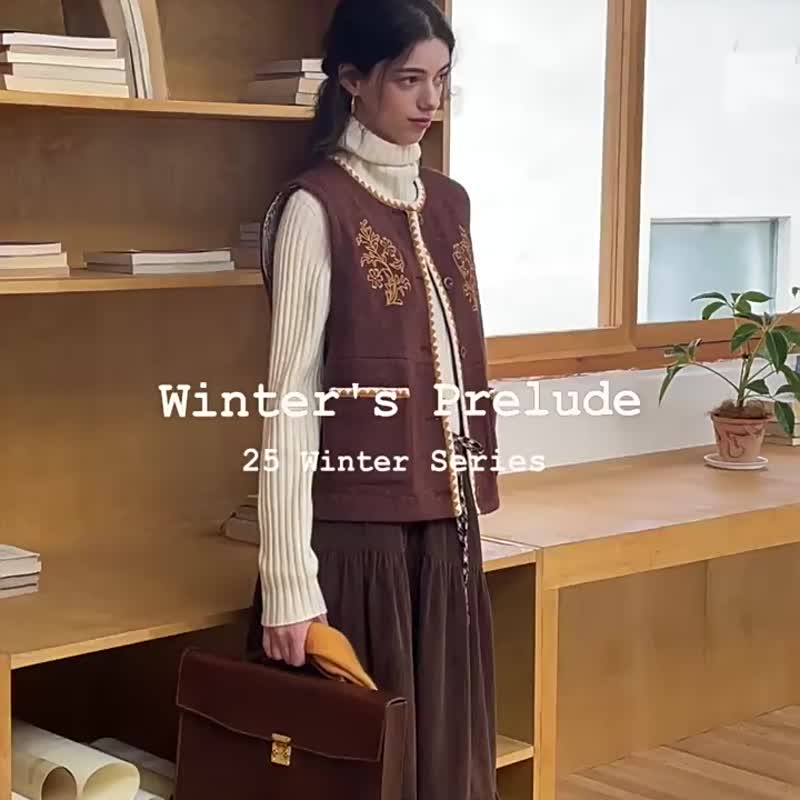 ナツメブラウン 城野牧歌 レトロ花柄刺繍ウールベスト 混紡ブークレ配色ラウンドネックベスト - ニット・セーター - ウール ブラウン