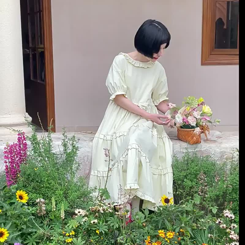 奶酪黃色 宮廷少女木耳花邊寬鬆洋裝 重工蛋糕連身裙女短袖蓬蓬裙 - 洋裝/連身裙 - 棉．麻 黃色
