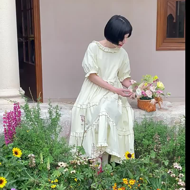 奶酪黃色 宮廷少女木耳花邊寬鬆洋裝 重工蛋糕連身裙女短袖蓬蓬裙 - 連身裙 - 棉．麻 黃色