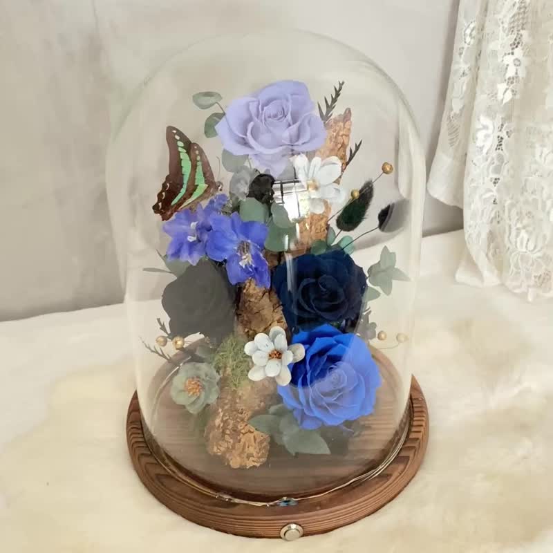 Blue Butterfly Specimen Night Light Preserved Flower Glass Dome (Large) - Dried Flowers & Bouquets - Plants & Flowers Blue