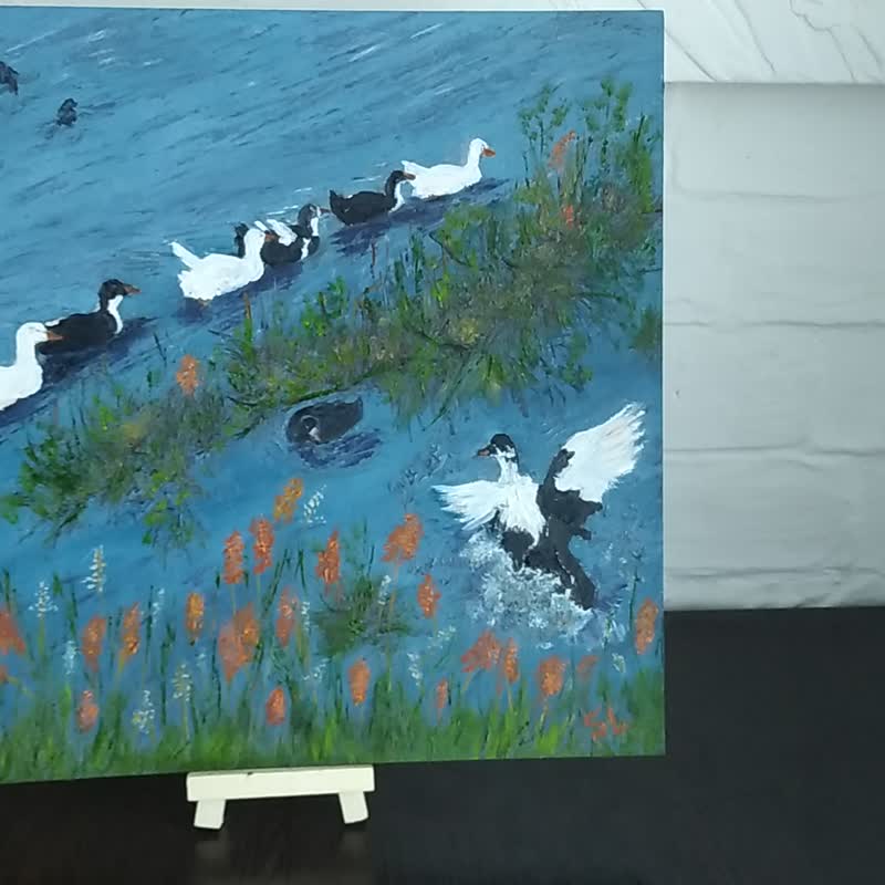 Oil Painting Wild Ducks Original Art Summer Day Wall Art Pond Migratory Birds - 海報/掛畫/掛布 - 其他材質 藍色