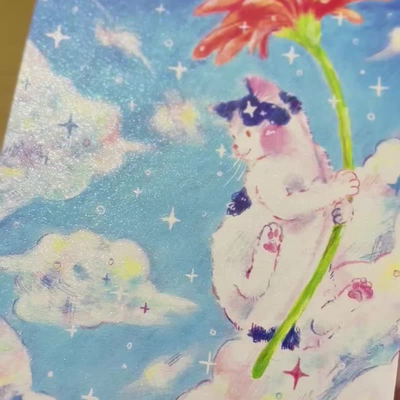 お花ときらきらねこポストカード - 卡片/明信片 - 紙 藍色