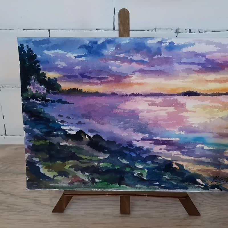 湖の絵 オリジナル水彩画 ビーチの絵 夕焼け空アート - ポスター・絵 - 紙 多色