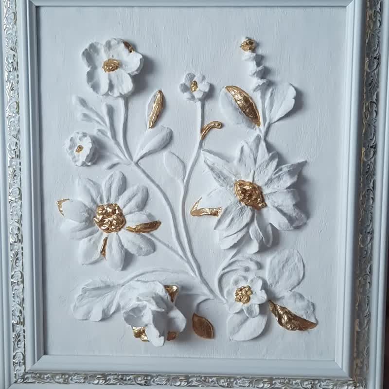 雕塑牆藝術 裱框藝術作品 金色和白色淺浮雕 - 壁貼/牆壁裝飾 - 其他材質 多色