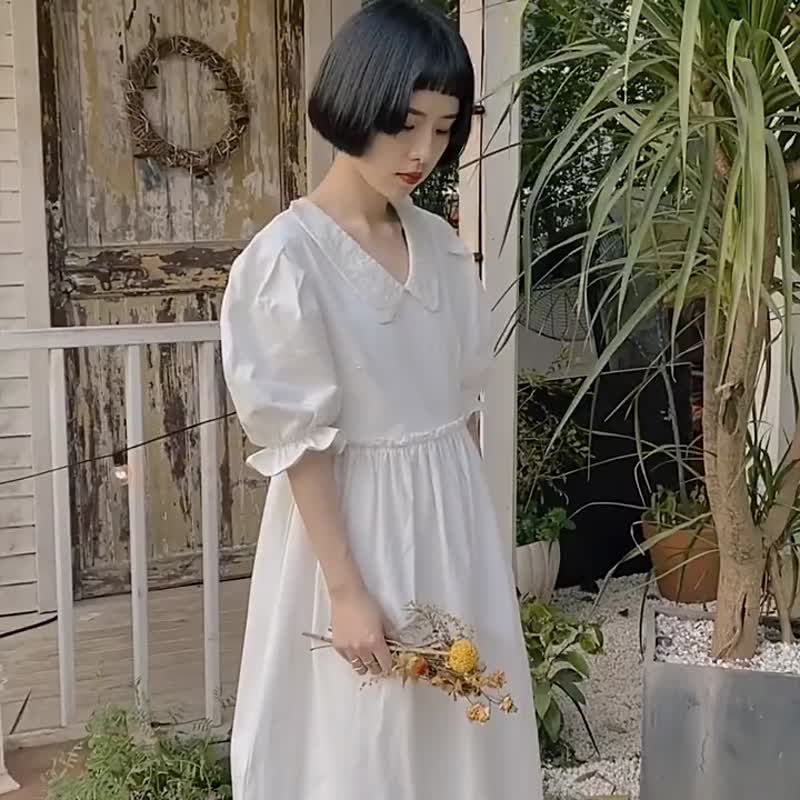 白色 刺綉歐根紗花邊領小白裙 復古燈籠袖高腰寬鬆洋裝仙女連身裙 - 洋裝/連身裙 - 棉．麻 白色