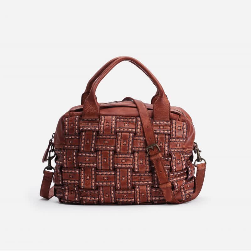 [Spain BIBA] Payson PAY1L cross-woven handbag/cross-body bag classic Brown woven bag - Messenger Bags & Sling Bags - Genuine Leather Brown
