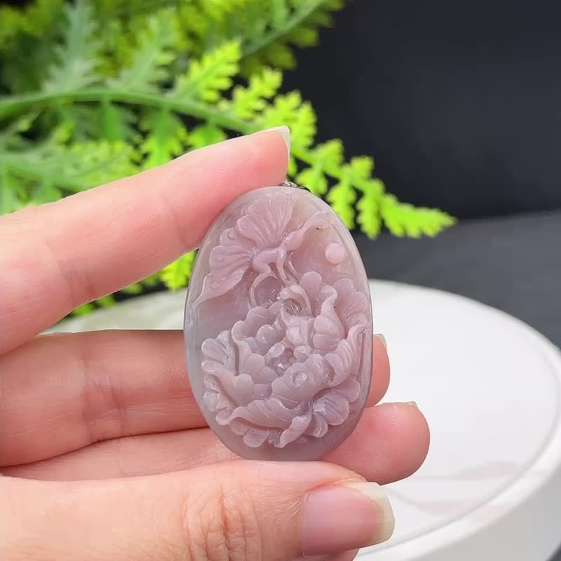 高品質鹽源瑪瑙吊墜項錬粉紫啞光手雕蝶戀花幸福花開富貴吉祥如意 - 項鍊 - 半寶石 