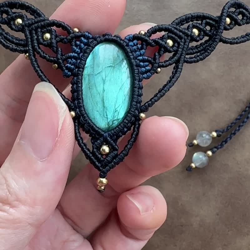 N967 蠟線編織 民族風 拉長石 銅珠 鎖骨鏈 頸鏈 (可調長度) - 項鍊 - 寶石 藍色