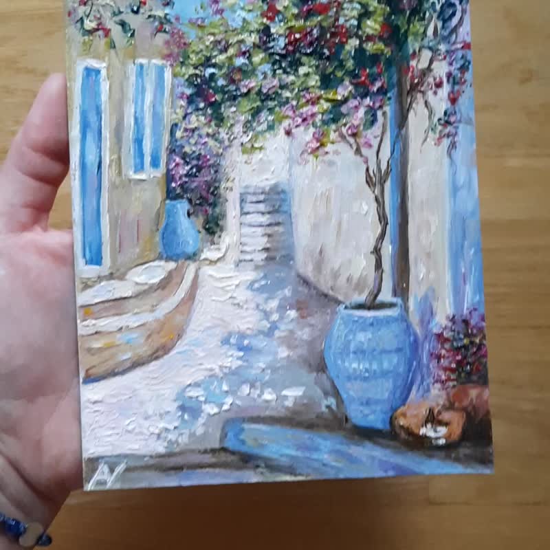 希臘原創油畫：九重葛、熟睡貓咪、地中海風格藝術品 - 牆貼/牆身裝飾 - 紙 