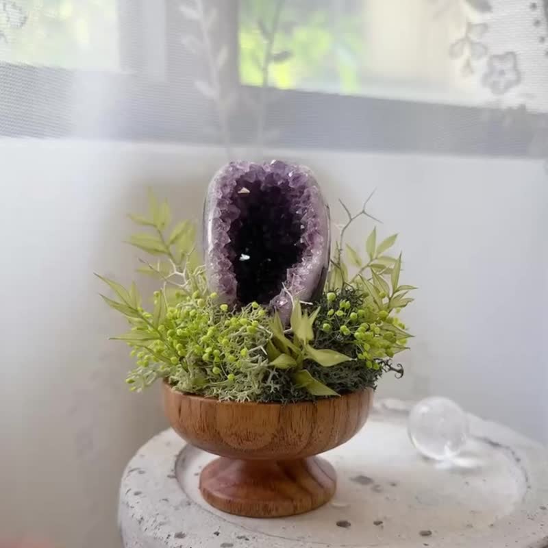 紫水晶 晶鎮 窩窩 小山洞。 微景觀永生葉材 綠植栽 - 盆栽/植栽 - 水晶 紫色