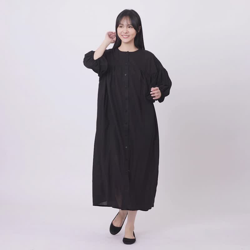 Bess Loose-Fit Black Lantern Sleeve Dress/ Black - ชุดเดรส - ผ้าฝ้าย/ผ้าลินิน สีดำ