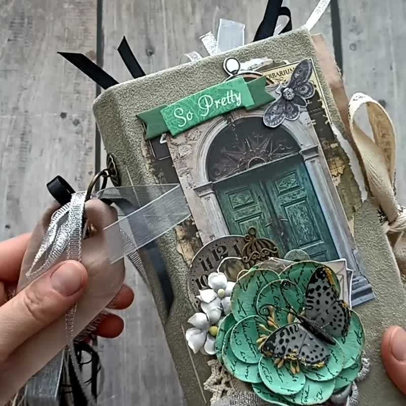 美麗的婚禮花束日記 手工製作的玫瑰筆記本 花邊浪漫日記 - 筆記本/手帳 - 紙 綠色