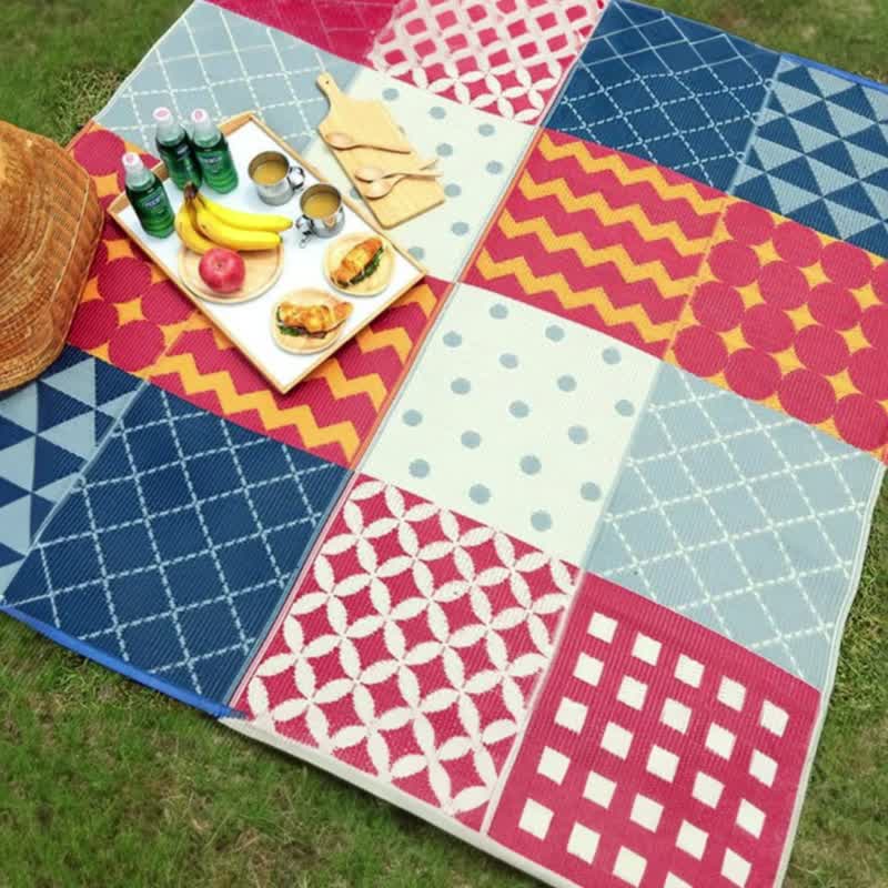 Camping Aesthetic Picnic Mat - Sweet Patchwork, Eye-catching Dual Colors Design - Camping Gear & Picnic Sets - Cotton & Hemp 