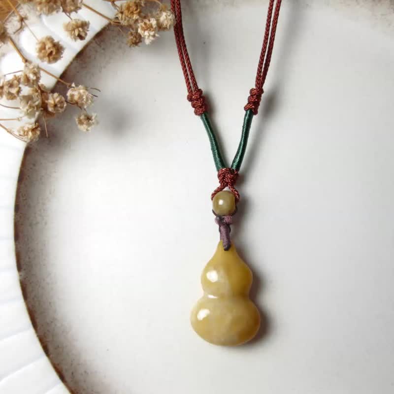 [Christmas Gift Box] Necklace with Ancient Silver and Jade Meaning-Gourd Honey Yellow Burmese Jade + Jade Thread - Necklaces - Jade Yellow