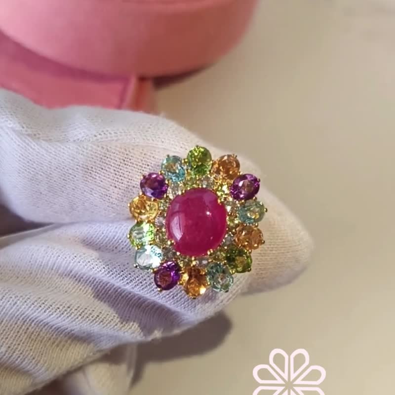 Natural Ruby and muti gems 20 Cts Ring Sterling Silver925 With Gold Plated 7 US. - 戒指 - 純銀 多色