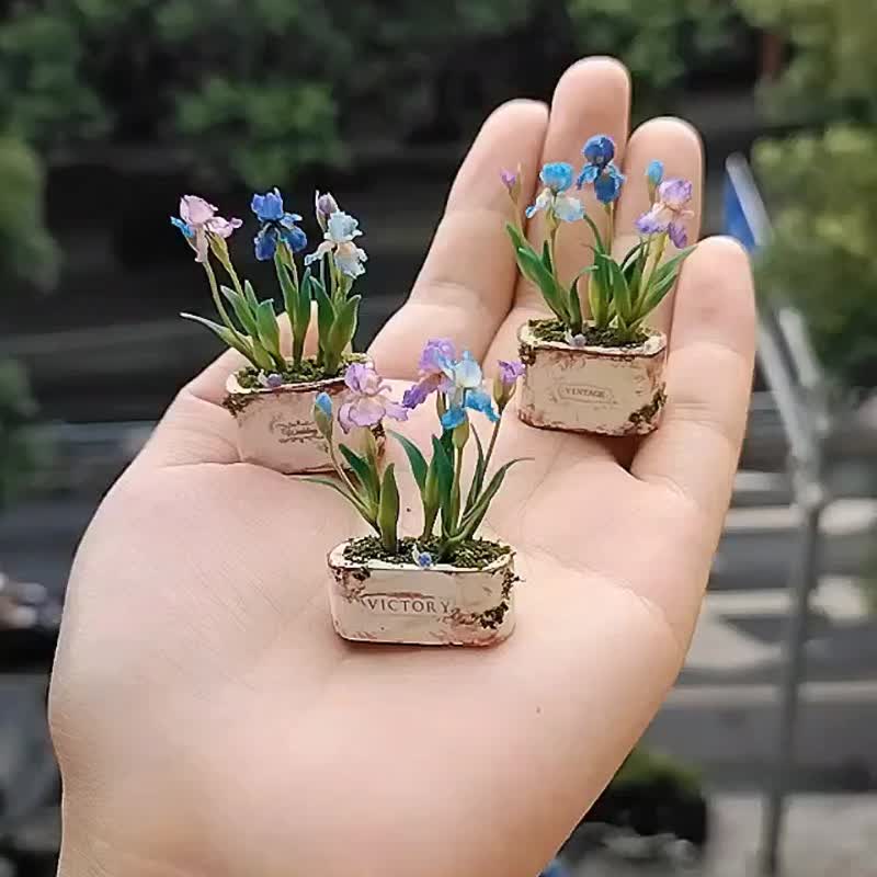 Miniature clay iris mini potted plant - Items for Display - Clay Multicolor