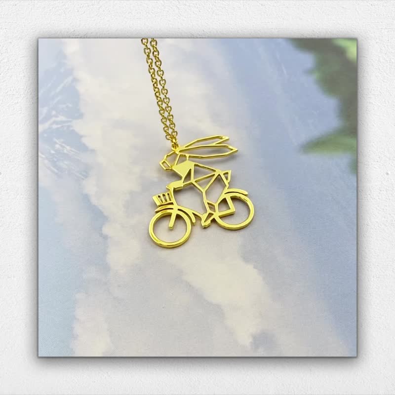 Rabbit riding bicycle Necklace, Animal Jewelry, Gift for her - Necklaces - Copper & Brass Gold