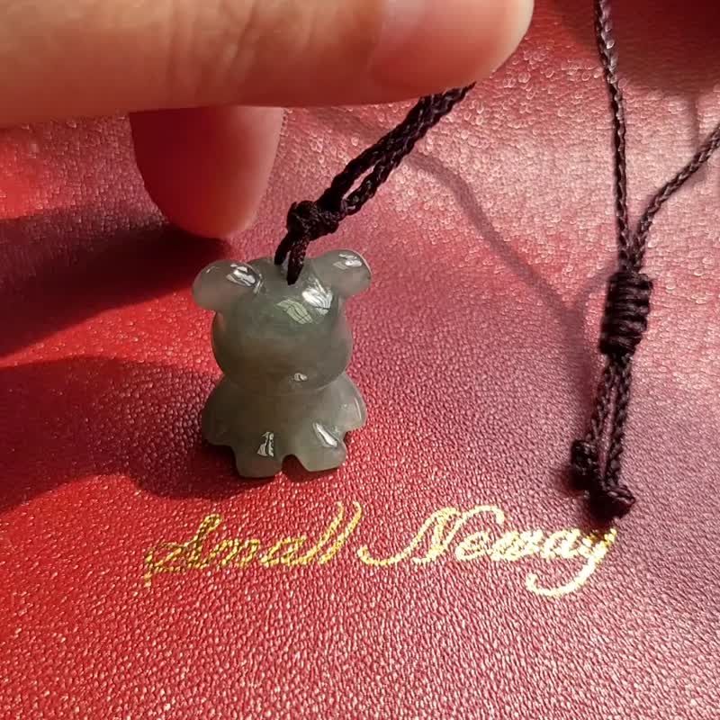 Pro-Cui Natural Jade Rock Sugar Oil Green Sitting Cute Bear Minimalist Adjustable Rope Chain - Necklaces - Jade 