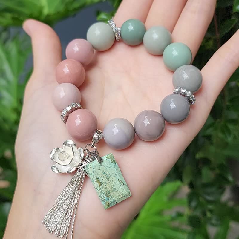 頂級稀有彩虹阿拉善瑪瑙 綠松石 無飾牌 平安無事 智慧 手鍊 禮物 - 手鍊/手環 - 寶石 多色