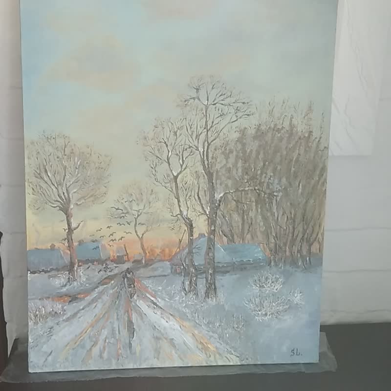 landscape oil painting last snow original art thaw handmade sunset wall art - โปสเตอร์ - วัสดุอื่นๆ หลากหลายสี