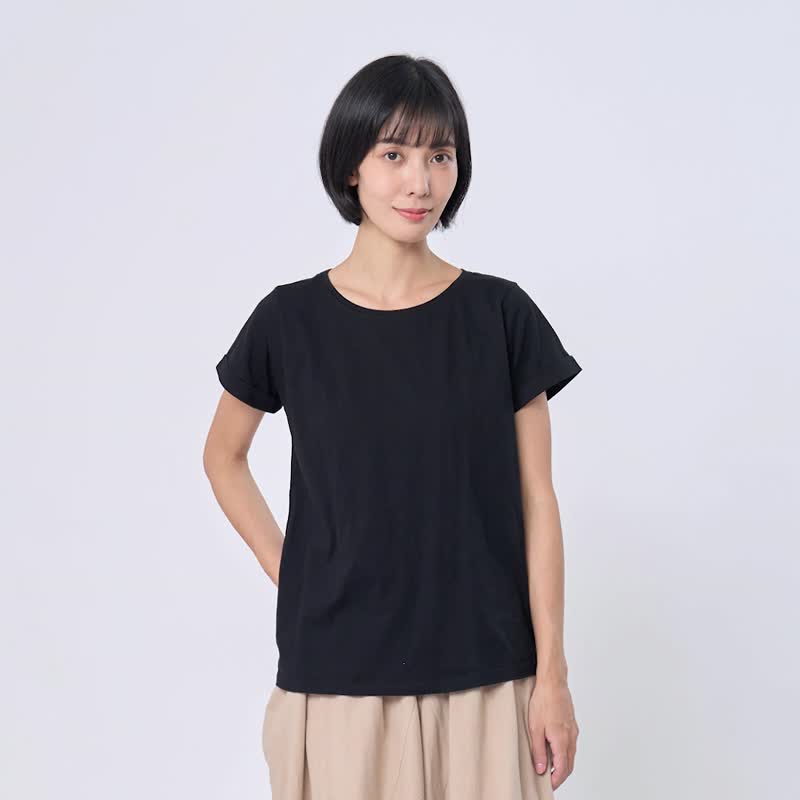 黑色小蜜桃寬版方袖純棉寬版T恤 - 女 T 恤 - 棉．麻 黑色