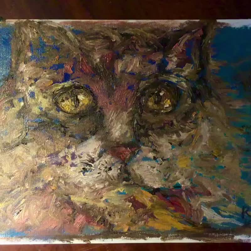 Fluffy red cat original oil painting on unstretched canvas - ตกแต่งผนัง - กระดาษ 