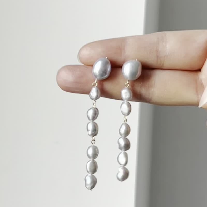 s925 Silver niche design extremely beautiful light gray purple baroque asymmetrical long pearl S925 silver ear stud ear clip - Earrings & Clip-ons - Pearl 
