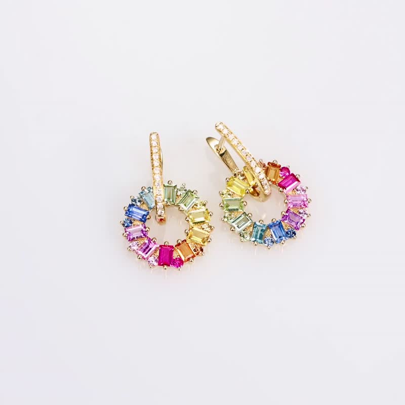 The cycle of love rainbow gradient natural sapphire natural diamond corundum 18k gold earrings - Earrings & Clip-ons - Gemstone Multicolor