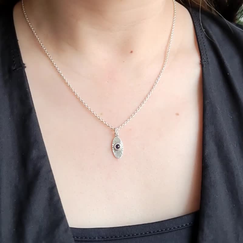 Amethyst Radial Stripes Pendant Necklace - Sterling Silver - Handmade - สร้อยคอ - เงินแท้ สีม่วง