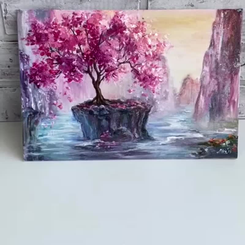 Sakura painting Original oil painting Mountain landscape River painting Cherry - โปสเตอร์ - วัสดุอื่นๆ หลากหลายสี