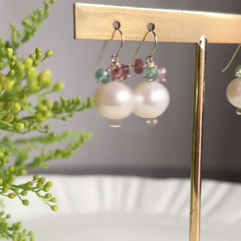 14KGF Tourmaline x Freshwater Pearl earrings / one-of-a-kind - ต่างหู - เครื่องเพชรพลอย ขาว