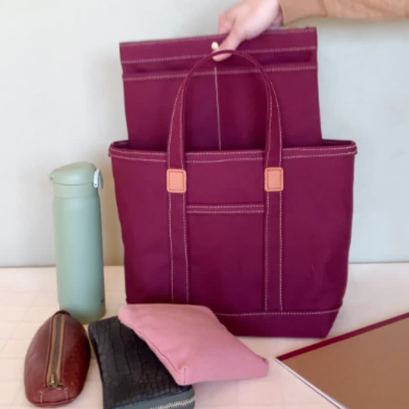 leather and canvas tote bag/burgundy - Handbags & Totes - Cotton & Hemp Purple