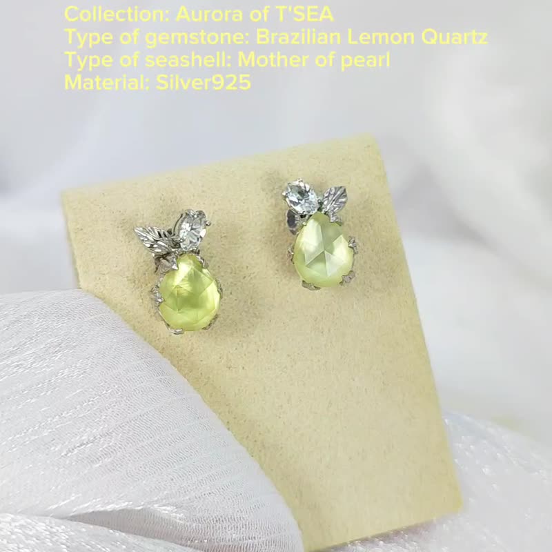 Earrings Aurora of T'Sea - Brazilian Lemon Quartz with Pearl Shell - 耳環/耳夾 - 純銀 黃色