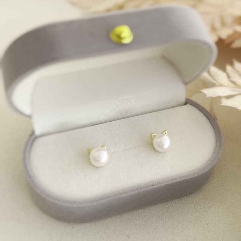 【Exquisite Gift Box】Cat Ear Pearl Earrings-Meow #gift Earrings Cute - เครื่องประดับผม - เงินแท้ สีทอง