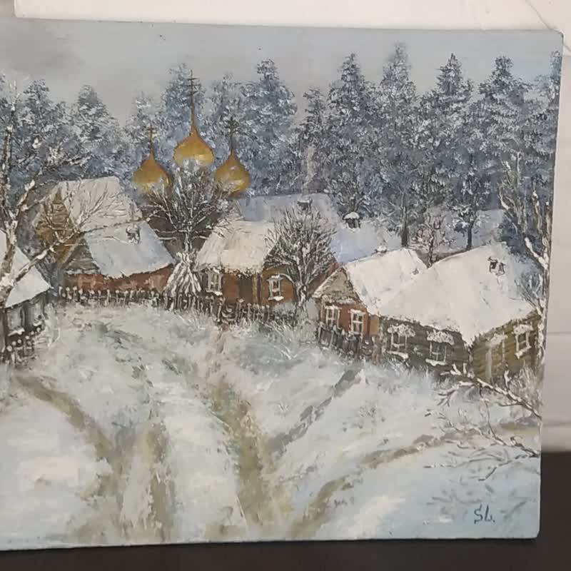冬の風景オリジナルアート雪油絵壁アートロシア村教会 - ショップ