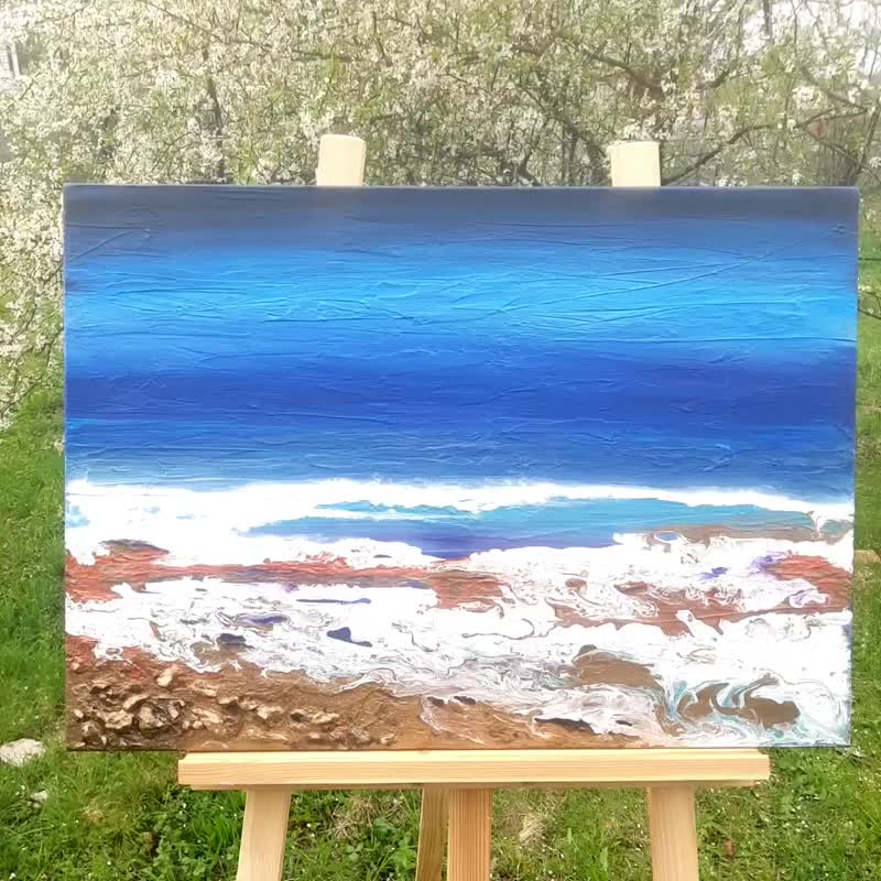 アーティストによるキャンバス上の抽象的なオリジナル絵画、ブルーゴールドの海景 - ウォールデコ・壁紙 - アクリル ブルー