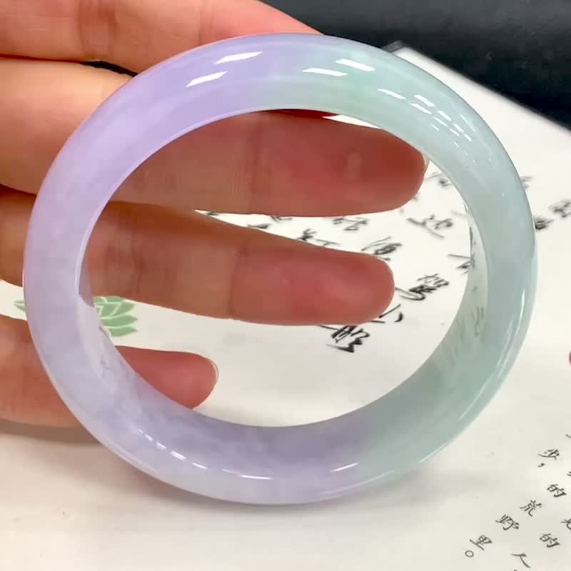 冰種 天然翡翠 緬甸 A玉 玉鐲 • 冰種春帶彩翡翠福鐲 - 手鍊/手環 - 玉石 紫色