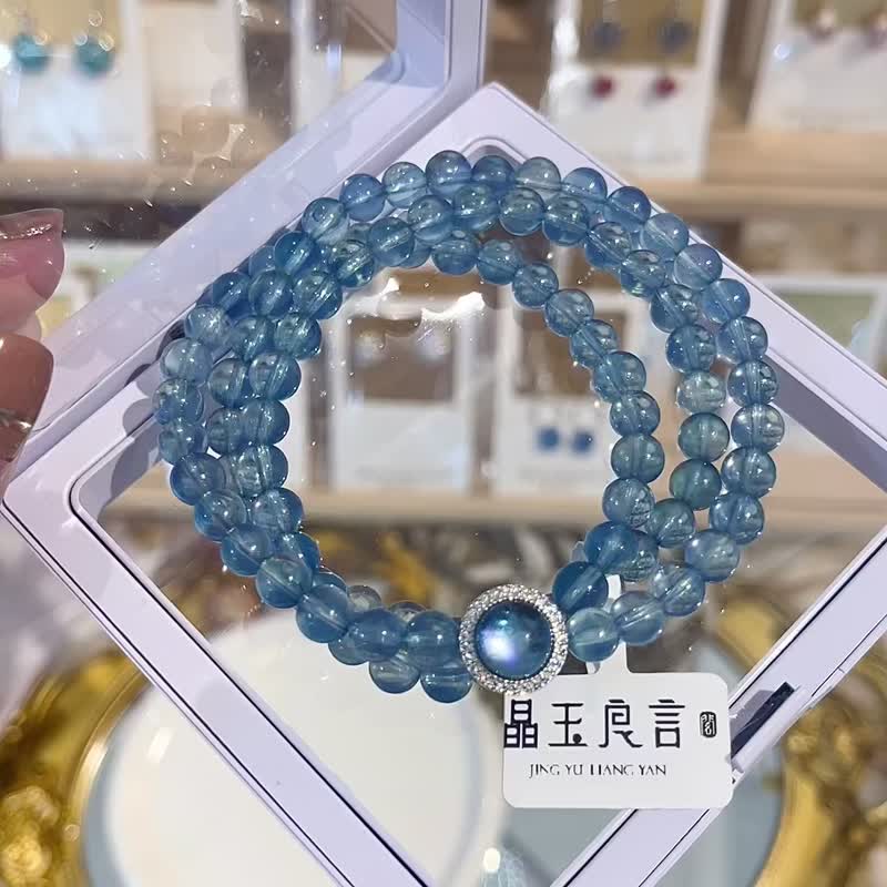 玻璃透極品冰雪海藍寶6mm水晶三圈手鍊緩解焦慮放鬆心情釋放壓力 - 手鍊/手環 - 水晶 藍色