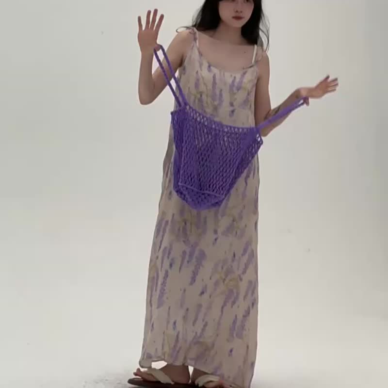 葡萄園系列 印花吊帶洋裝 文藝復古連身裙 寬鬆顯瘦長裙 - 洋裝/連身裙 - 棉．麻 卡其色