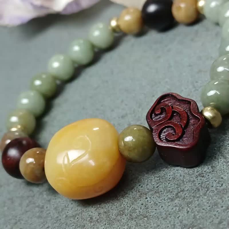 [Christmas Gift Box] Beads Engraved Bracelet - Infinite Golden Silk Jade + Rosewood + Oil Green Burmese Jade - Bracelets - Jade Orange